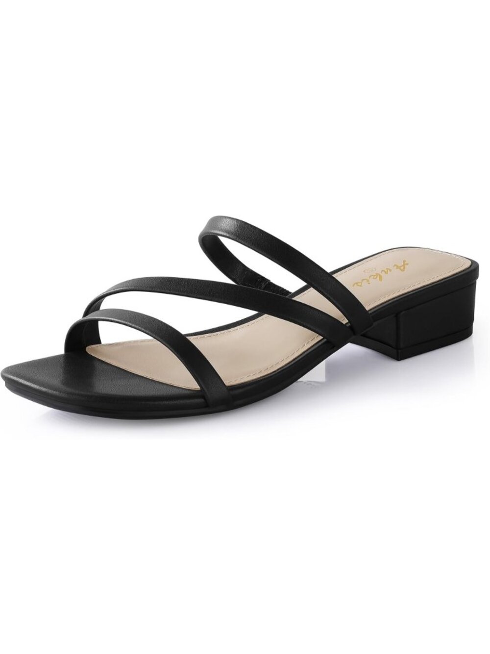 Women's Black Square Open Toe Slip On 1 Inch Low Chunky Block Heeled Sandals